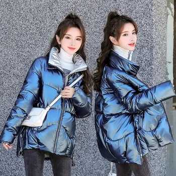 2021 Новая женская зимняя куртка, глянцевая парка, хлопковая куртка на пуху, теплые повседневные парки с хлопковой подкладкой, зимнее пальто