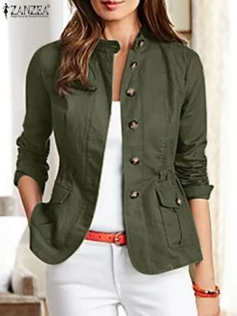 2023 ZANZEA Женские винтажные куртки OL, женские пальто с длинным рукавом и воротником-стойкой, осенняя модная офисная верхняя одежда, повседневное уличное пальто.