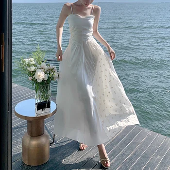 2023 Новое белое женское платье, облегающее, на бретельках, с вышивкой, элегантные платья, вечерние платья без рукавов с V-образным вырезом, Vestido Ladies
