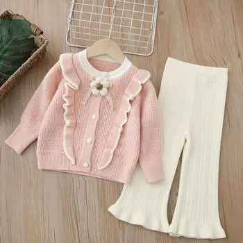 2024 Осень-весна, Комплект детской вязаной одежды в корейском стиле, однотонный вязаный свитер с длинными рукавами + брюки, костюм для маленьких девочек