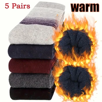 5 пар мужских шерстяных носков с рисунком, теплые зимние носки, мужские высококачественные, утолщенные, супер мягкие, удобные носки для ботинок в холодную погоду.
