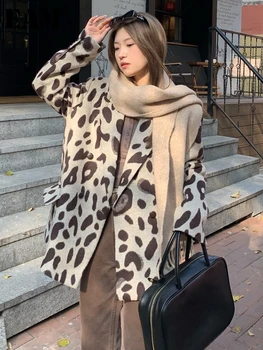 [EAM] Свободного покроя, Коричневый Леопардовый принт, Шерстяное пальто большого размера, Новая женская куртка с отворотом и длинным рукавом, Мода Осень-Зима 2024 V