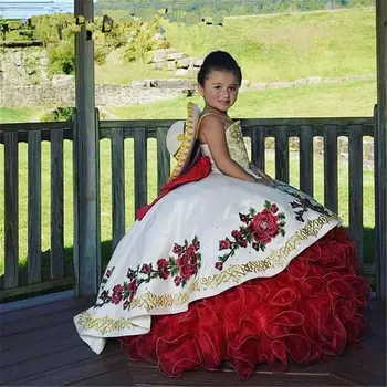 EVLAST Princess Красное Мексиканское Пышное Платье С Цветочным Узором Для Девочек, Бальное Платье С 3D Цветочной Вышивкой И Оборками, Праздничное Платье Для Первого Причастия TFD035