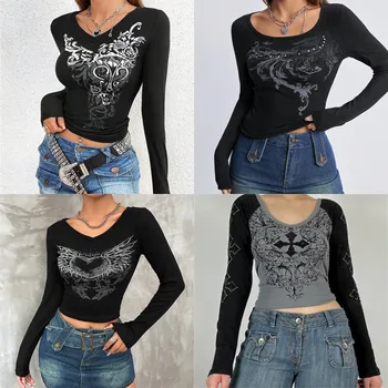Grunge Y2k Эстетичные футболки в рубчик в стиле ретро, топы Cyber Mall с готическим принтом и длинным рукавом, женская облегающая футболка Dark Academia, осень