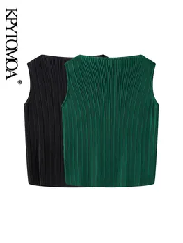 KPYTOMOA/ женские Модные плиссированные рубашки, винтажные женские блузки без рукавов с круглым вырезом, шикарные топы