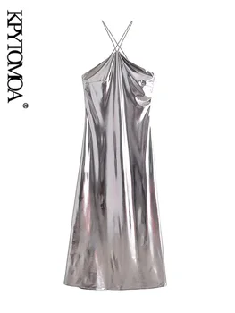 KPYTOMOA Женское модное вечернее платье миди с металлическим отливом, сексуальное платье без спинки на тонких бретелях со стразами, женские платья Vestidos Mujer