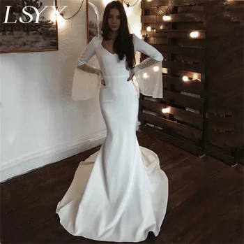 LSYX V-образный вырез, Длинные расклешенные рукава, свадебное платье Русалки из крепа, расшитое бисером, свадебное платье с вырезом сзади и шлейфом, сшитое на заказ