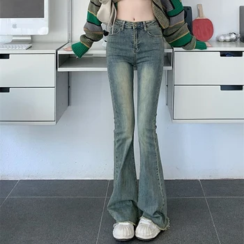 Lucyever Ретро Синие выстиранные расклешенные джинсы Женские Эстетичные Y2K Узкие брюки с высокой талией Женские Корейские модные уличные джинсовые брюки