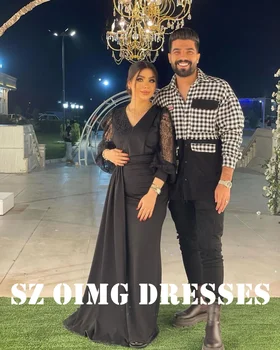 OIMG Новый дизайн, платья для выпускного вечера в стиле русалки с V-образным вырезом, Саудовские Арабские женщины, Черные вечерние платья с пышными рукавами, Официальное праздничное платье