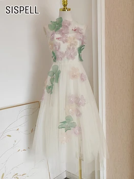 SISPELL Элегантное Сетчатое платье с аппликацией в стиле пэчворк, круглый вырез, без рукавов, Высокая талия, складки, Платья трапециевидной формы, женская мода