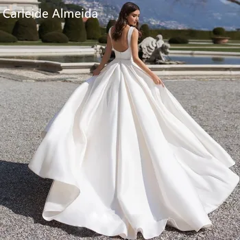 Vestido de noiva Очаровательные свадебные платья трапециевидной формы с V-образным вырезом и открытой спиной 2021, Роскошные пояса из матового атласа, расшитые бисером, Свадебное платье принцессы