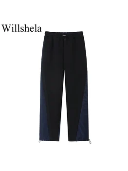 Willshela Женские модные лоскутные темно синие штаны для бега трусцой Винтажные женские Шикарные брюки полной длины с высокой эластичной талией