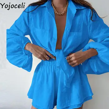 Yojoceli Повседневный женский комплект из 2 предметов блузка рубашка шорты Элегантный пляжный сексуальный свободный комплект на каждый день милые летние наряды с белыми карманами