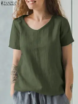 ZANZEA Модные топы из чистого хлопка, женская летняя повседневная сорочка, женская однотонная блузка с коротким рукавом и круглым вырезом, Женская элегантная рубашка