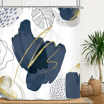 Абстрактная занавеска для душа середины века, современный минимализм, темно-синий, Бохо, Акварель, Геометрические Шикарные листья, шторы для ванной комнаты, декор