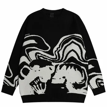 Американский ретро персонализированный свитер Y2K осенний тонкий хип-хоп уличный свободный пуловер, свитер, черно-белый модный персонализированный топ