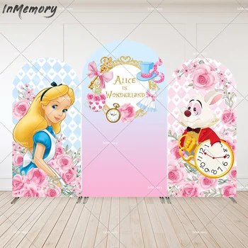 Арка с изображением Алисы в Стране Чудес, обложка для девочки, украшение для вечеринки в честь дня рождения, Розовые цветы, часы с кроликом, Фоновое фото