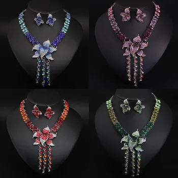Африканская Нигерия С украшением в виде кристаллов, ожерелье и серьги с цветочной кисточкой, женское колье для новобрачных, ювелирные изделия для свадебной вечеринки в Дубае