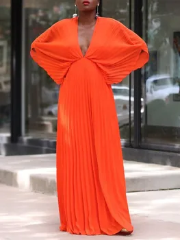 Африканское Женское Летнее Плиссированное платье Дашики Большого размера, Сексуальная одежда С V-образным вырезом И рукавом 