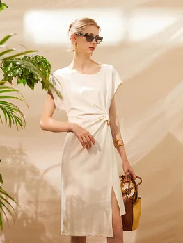 Белое платье с металлической пряжкой на талии для женщин 2023, новая весенне-летняя 3-цветная плиссированная юбка с разрезом на талии