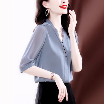 Блузка шелковая рубашка женская 2023 летняя новая мода зарубежная однотонная со средним рукавом и V-образным вырезом ацетатная атласная тонкая шифоновая блузка женский топ