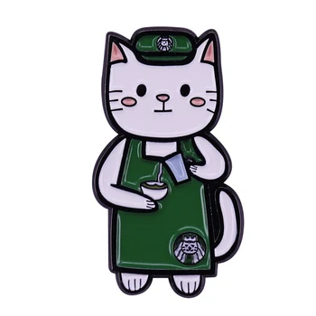 Брошь-официант с забавным котом милый кот наливает вам чашечку кофе