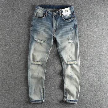 Весенне-осенний тренд-мужские уличные брюки с застежкой-молнией с разрезом сбоку, стиранные до дыр, чтобы сделать старые джинсы.