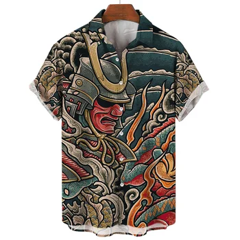 Винтажная мужская рубашка с 3D-принтом японского самурая, уличные топы с коротким рукавом, рубашка с отворотом на пуговицах, одежда
