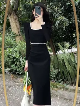 Винтажное черное облегающее длинное платье Миди с квадратным вырезом и длинными рукавами, платье-карандаш для официальной вечеринки в клубе