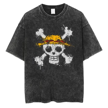 Высококачественная хлопковая выстиранная винтажная футболка для мужчин / Летняя футболка для женщин, Соломенная шляпа, аниме, скелет, Пиратский флаг, футболка оверсайз