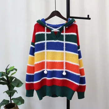 Вязаный топ в цветную полоску с капюшоном, Женская осенне-зимняя новая корейская версия, Свободный свитер средней длины с напуском, пуловер, джемпер
