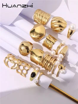Геометрические кольца цвета золота HUANZHI, Жемчужный Полый Многослойный узор, Массивная нержавеющая сталь, не выцветает, Водонепроницаемые Модные украшения