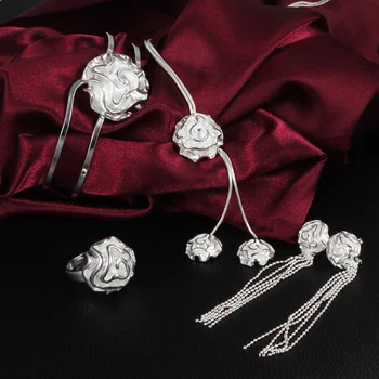 Горячий праздничный подарок браслет из стерлингового серебра 925 пробы с розами Комплект ювелирных изделий кольца Браслет ожерелье серьги гвоздики для женщин Вечеринка свадьба