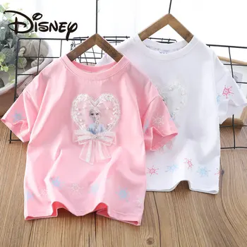 Детская одежда Disney 2023, летняя новинка, кружевная футболка для девочек с круглым вырезом и принтом принцессы Эльзы из мультфильма 