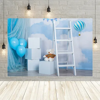 Детский фон Avezano, Голубое Небо, Облака, Воздушные шары, Белая Коробка, Лестница, Медведь, Фон для фотосъемки новорожденных на День рождения для фотостудии