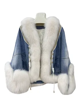 Джинсовая куртка с V-образным воротником, короткая свободная версия, дизайн воротника из лисьего меха, теплая и удобная новинка зимы 2023 года 1115