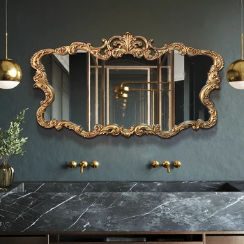 Европейское винтажное зеркало необычной формы с золотой каймой, Большое зеркало для ванной комнаты, Антикварная эстетическая сантехника Espelho Para Banheiro