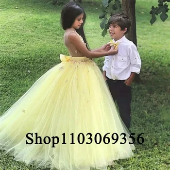 Желтое платье в цветочек для девочек Длиной до пола без рукавов с аппликацией из пушистого тюля для маленьких девочек, детское платье для свадьбы, дня рождения, выпускного вечера, праздничное платье