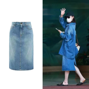 Женская джинсовая юбка миди с высокой талией, модная женская повседневная юбка