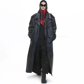 Женская модная однотонная двубортная черная кожаная винтажная длинная куртка средней длины с длинными рукавами NIGO Ngvp #nigo6657