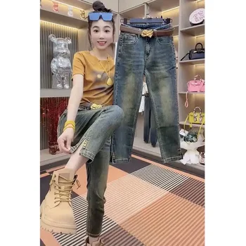 Женские джинсы Y2k, украшенные металлическими буквами, обтягивающие джинсы, женские стрейчевые брюки 2023 года выпуска с высокой талией, сшитые из старых маленьких прямых брюк