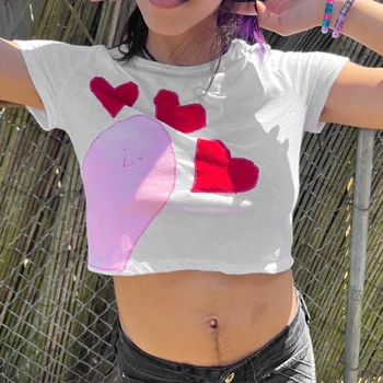 Женские летние тонкие укороченные топы, футболки Y2K с рисунком сердца, короткий рукав, круглый вырез, открывающий пупок, футболки, уличная одежда