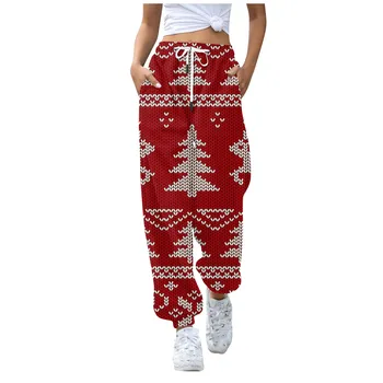 Женские повседневные модные брюки с рождественским принтом, повседневные брюки с завязками на талии, повседневные брюки полной длины в винтажном стиле