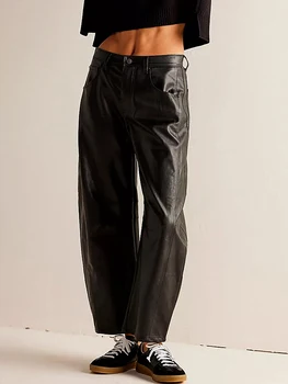 Женские повседневные Широкие брюки из искусственной кожи, брюки из искусственной кожи с высокой талией, однотонные брюки с карманами, уличная одежда