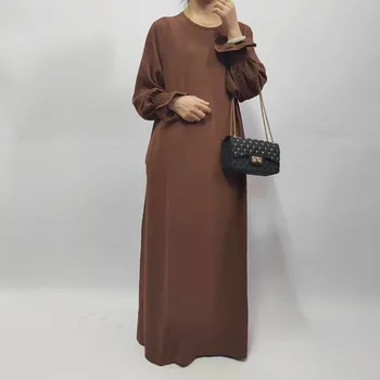 Женский осенний мусульманский кафтан Abaya, однотонное элегантное платье-рубашка Dubai Islam, однотонное мешковатое платье-рубашка макси