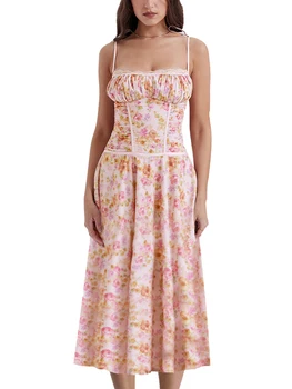 Женское длинное платье трапециевидной формы с цветочным принтом, однотонное платье на бретелях с кружевной отделкой, без рукавов, Летнее повседневное пляжное платье для вечеринки