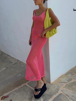 Женское летнее длинное приталенное платье, розовые трикотажные прозрачные вечерние платья без рукавов с открытой спиной