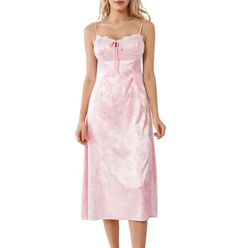 Женское облегающее платье Миди, летняя одежда для вечеринок, милое жаккардовое атласное платье без рукавов на бретельках с завязками спереди