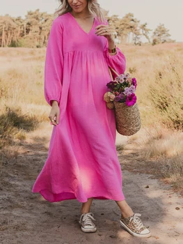 Женщины весна осень случайные свободные длинное платье сплошной цвет V-образным вырезом с длинным рукавом с высокой талией а-линия платья для пляжного отдыха