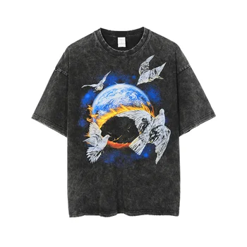 Застиранная футболка, футболка с принтом космического голубя, мужская футболка в стиле хип-хоп, уличная одежда, летняя футболка 2023 года, хлопковые футболки Harajuku